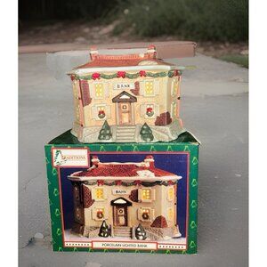 VTG 1994 Porcelain Bank Building Christmas village House Wangs Traditions *READ